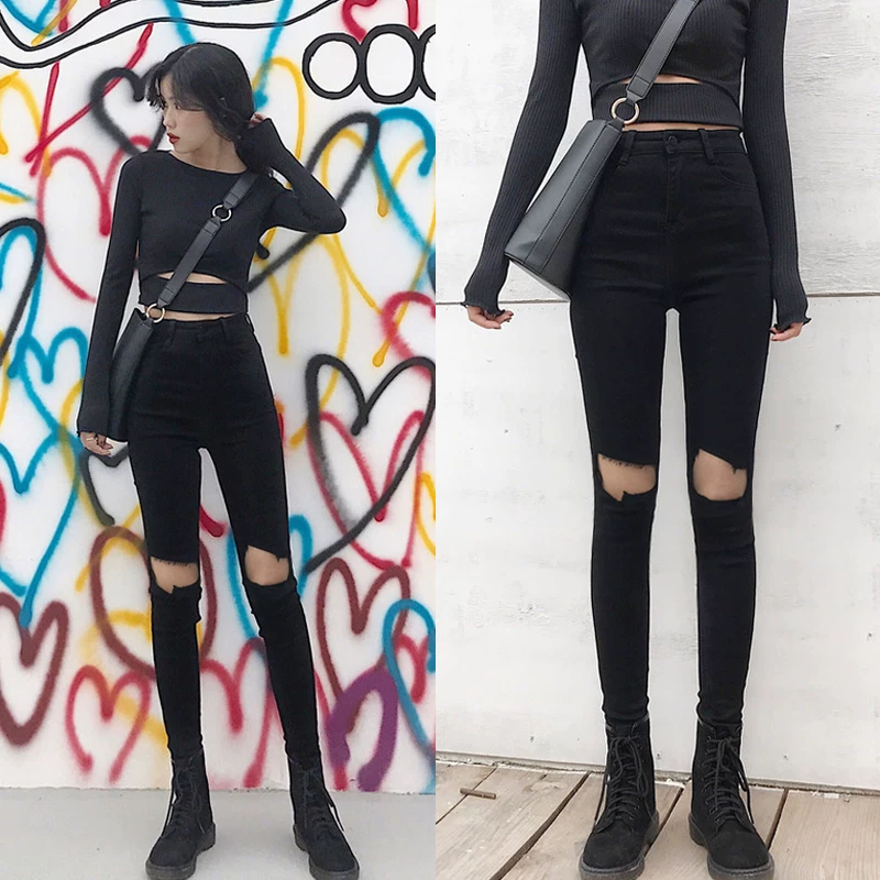 Quần jeans đen rách gối nữ, cạp cao, ống lửng, kiểu mới xuân thu 2025, tôn dáng, ôm sát, quần rách, chất liệu co giãn.