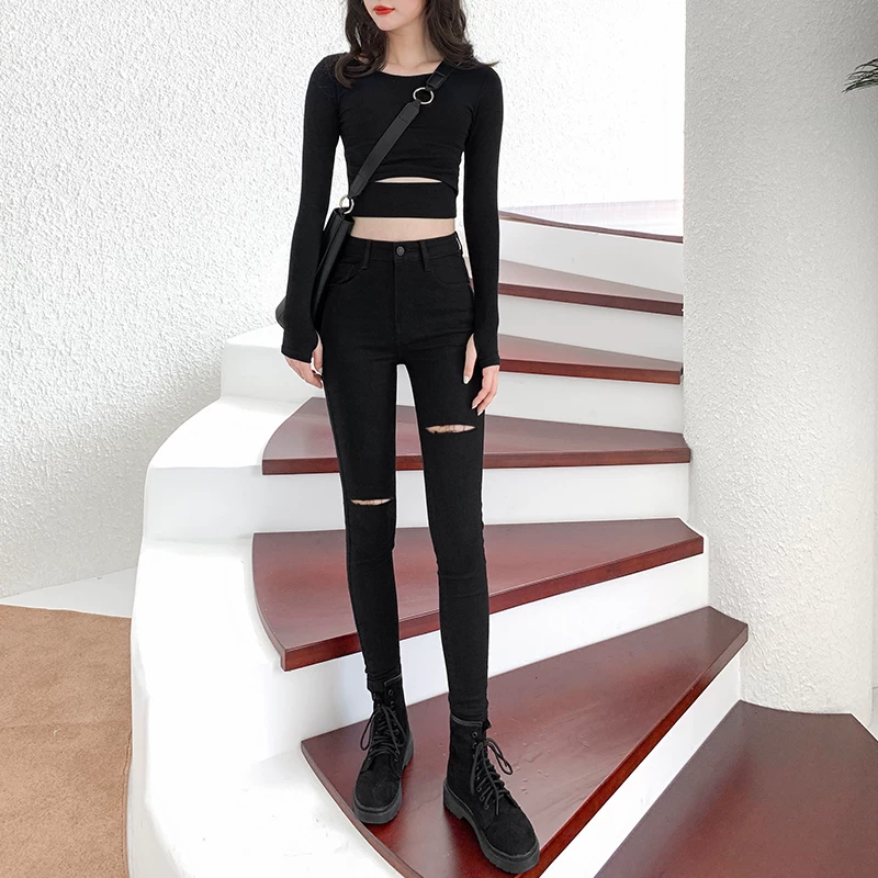 Quần jeans rách nữ, kiểu lửng, ôm dáng, cạp cao màu đen, kiểu mới xuân thu 2025, quần bút chì tôn dáng.
