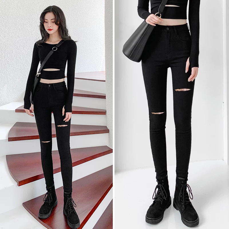 Quần jean skinny rách cho nữ, dài đến mắt cá chân, ôm dáng, quần bút chì đen cạp cao, kiểu dáng mới xuân/thu 2025.