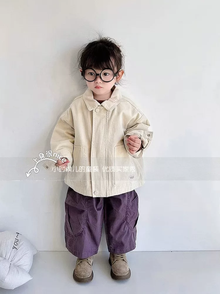 Phong cách Hồng Kông sành điệu~ Phiên bản Nhật Bản và Hàn Quốc mùa xuân thu áo khoác sơ mi cổ bẻ bằng cotton nguyên chất dành cho trẻ em Áo khoác dáng rộng hợp thời trang dành cho bé trai và bé gái