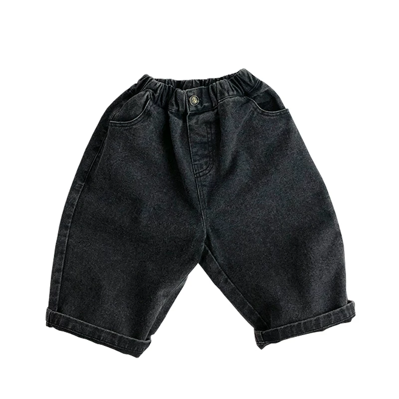 Tuyệt vời, dễ phối với quần ống rộng~ phong cách retro và hoài cổ~ Quần denim đen trẻ em phong cách Hàn Quốc mùa xuân thu, quần dài sành điệu cho bé trai và bé gái.