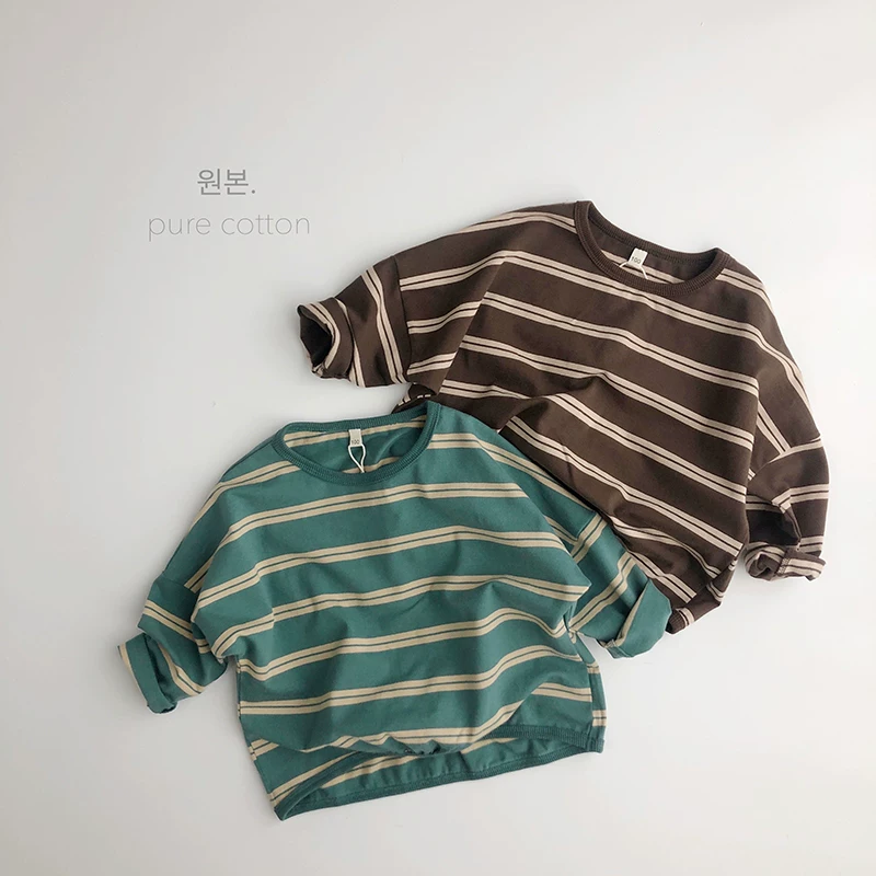 Phong cách Morandi hai màu~Áo thun sọc ngang phong cách Hàn Quốc dành cho trẻ em, áo thun cotton nguyên chất kiểu cánh dơi, hợp thời trang và sành điệu với thiết kế tròn độc đáo.
