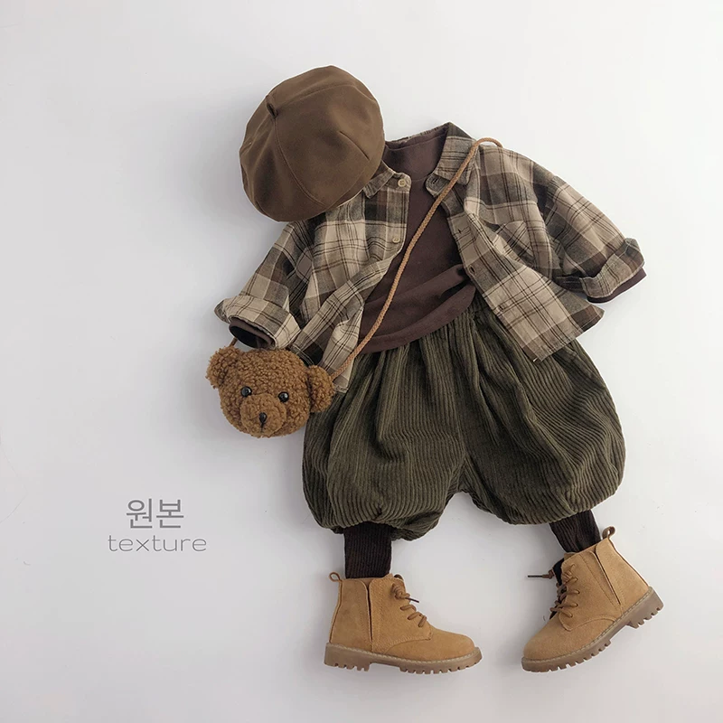 Bộ sưu tập cá nhân của chủ cửa hàng~Phù hợp tuyệt vời~Bộ đồ phong cách Hàn Quốc mùa thu đông dành cho trẻ em, bé trai và bé gái, áo sơ mi dài tay sành điệu, áo lót, quần ống rộng.