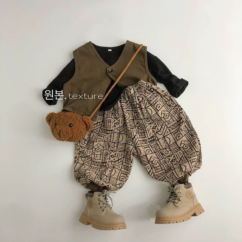 Quần đèn lồng trẻ em phong cách Hàn Quốc in hình học trừu tượng thủ công mùa xuân thu cotton linen hợp thời trang unisex dáng rộng đa năng