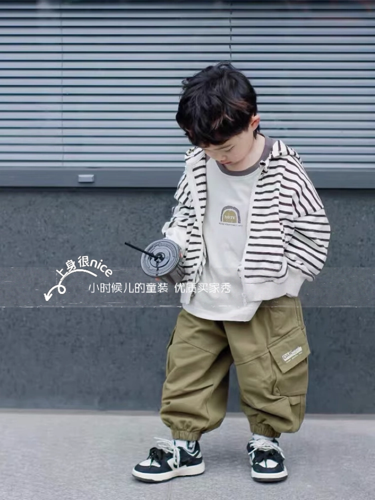 Thời trang đường phố hợp xu hướng~sành điệu và cá tính~Quần jogger cotton nguyên chất thời trang Hàn Quốc mùa xuân thu cho trẻ em, quần dài thường ngày thời trang cho bé trai và bé gái, loại A.