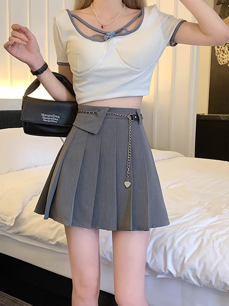 Váy xếp ly màu xám nữ xuân hè thu 2025, chân váy kiểu dáng cao eo dáng A bất đối xứng, chân váy ngắn kiểu jk