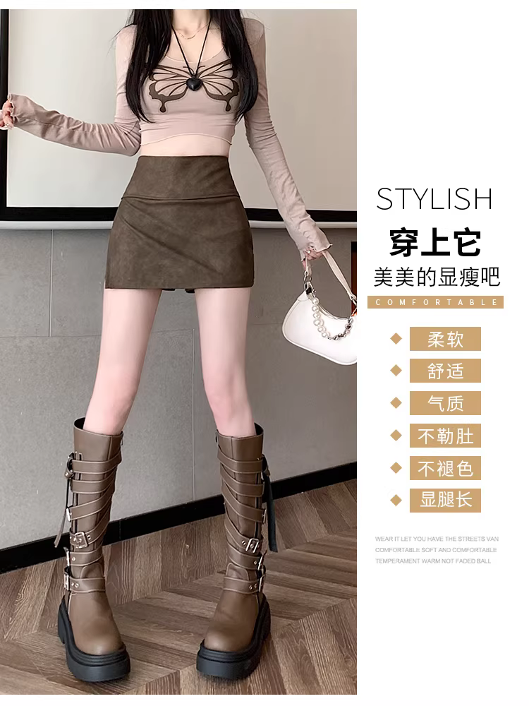 Váy da xẻ tà, quần váy nữ thu đông, kiểu ngắn, quần váy giả da PU hai mảnh, váy ngắn nóng bỏng.
