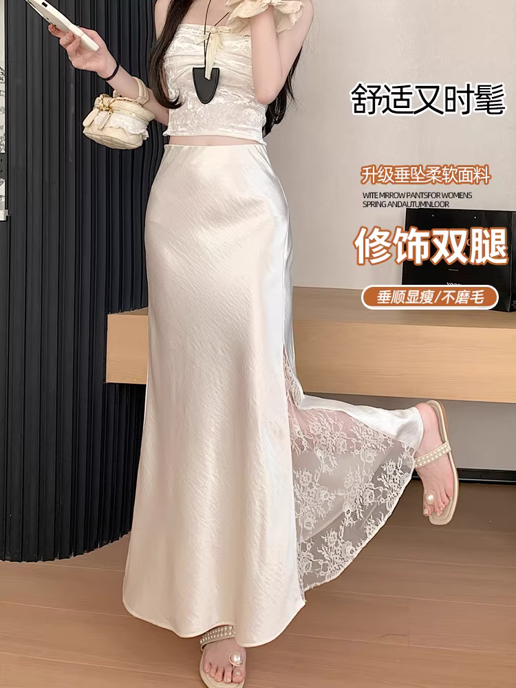 Váy satin acetate nữ, váy bút chì dài mùa hè viền ren, váy xẻ tà, váy đuôi cá cao eo, váy dài.