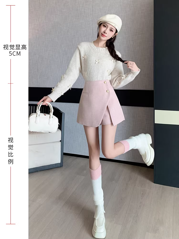 Quần short len màu trắng nhạt dành cho nữ, áo khoác ngoài mùa thu đông, quần váy kiểu Chanel, giả hai mảnh, phối cùng bốt, quần váy dành cho nữ.