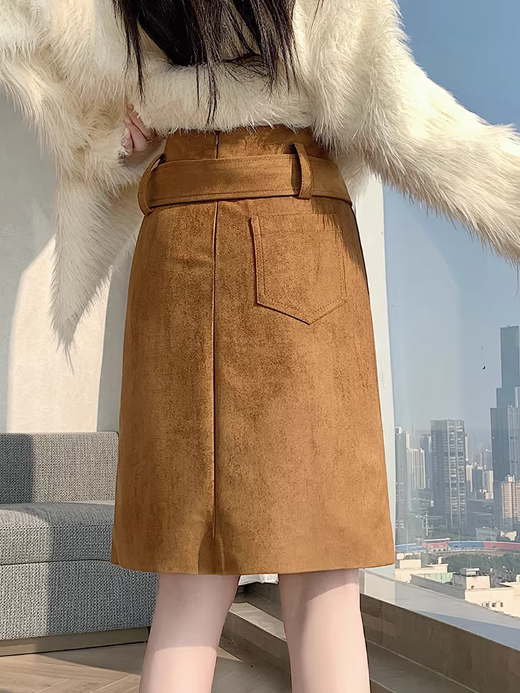 Váy da lộn màu kaki dành cho nữ, váy dài trung bình mùa thu đông, váy ôm hông, váy da lộn, váy dài thẳng