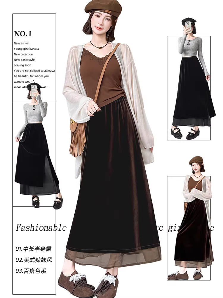 Váy midi nhung nữ, thu đông, váy xẻ tà dài trung bình, váy nhung lưng cao rất đẹp.