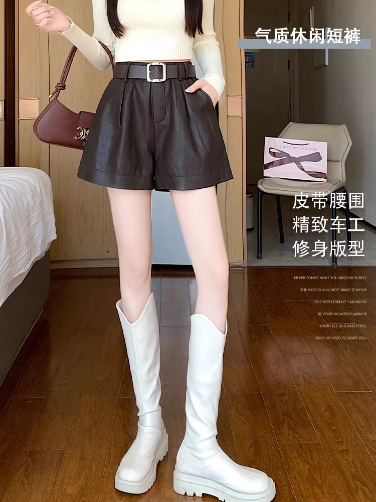 Quần short da nâu nữ, áo khoác ngoài mùa thu đông, quần nữ ống rộng lưng cao mới năm 2025, quần da PU rất đẹp.