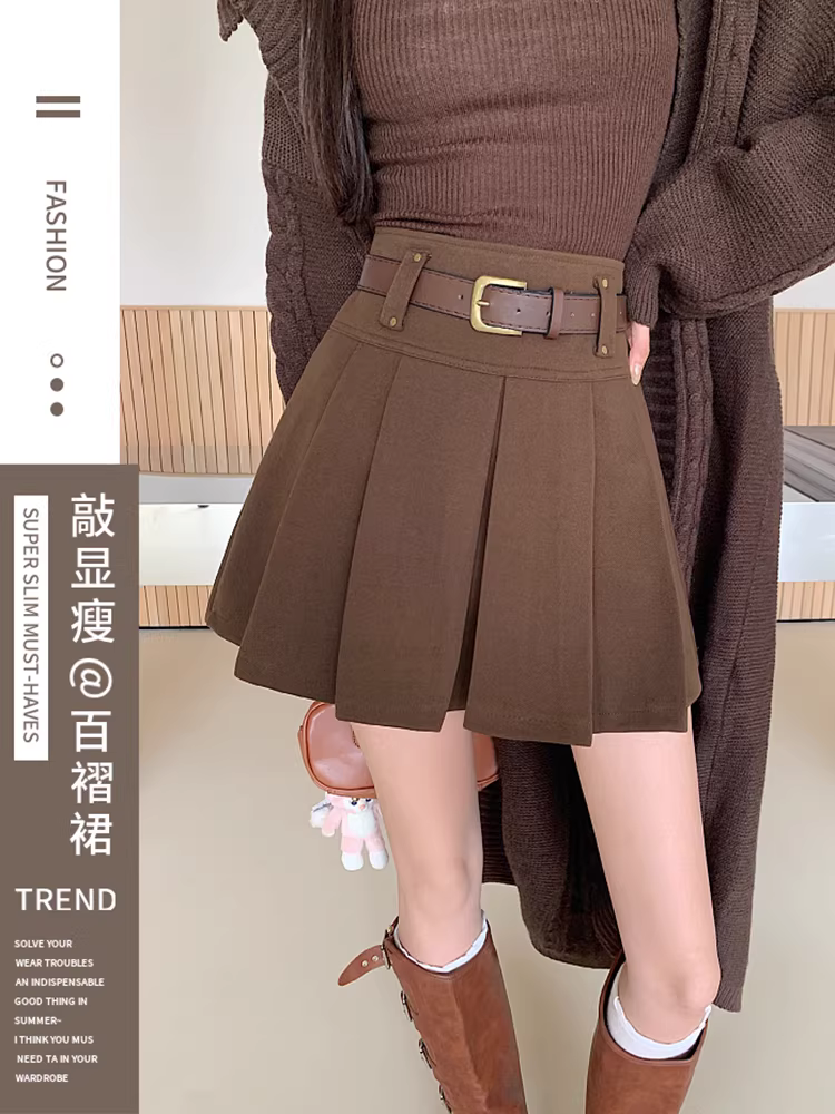 Váy len nâu nữ kiểu thu đông 2025 mới phong cách Maillard hot, váy chữ A ngắn, váy len xếp ly