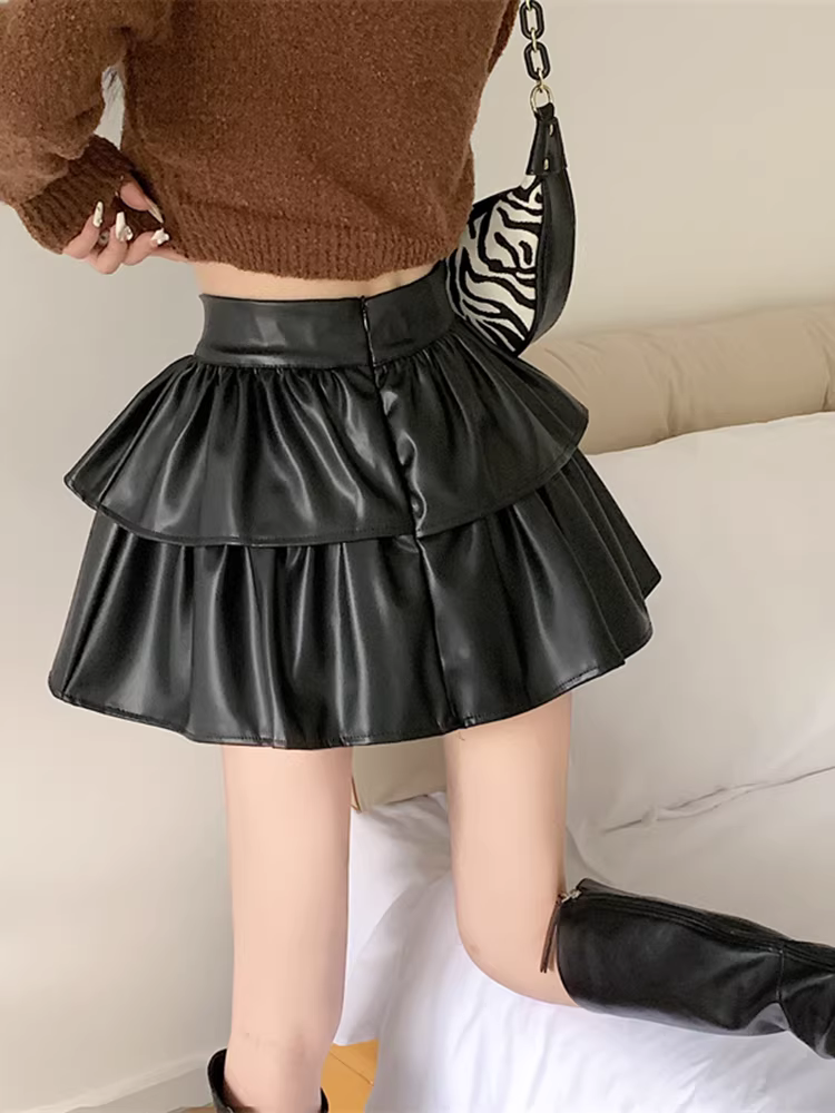 Váy da trắng, váy tutu nữ thu đông, váy bánh ngọt, váy rất đẹp, váy ngắn da PU lưng cao đầu thu