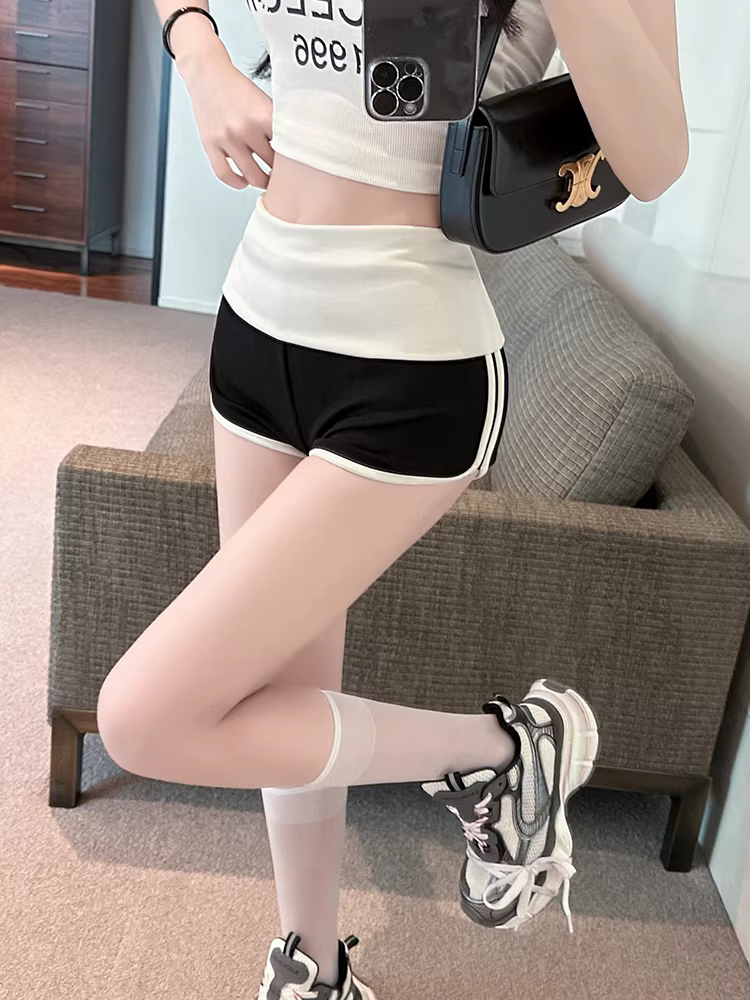 Quần short thể thao sọc cho nữ, quần tập yoga mùa hè, quần thiếu nữ, quần cạp thấp gợi cảm thuần khiết, quyến rũ