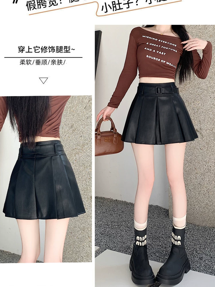 Váy da nâu, váy xếp ly da PU thu đông nữ, váy rất đẹp, váy JK, váy chữ A lưng cao, váy ngắn