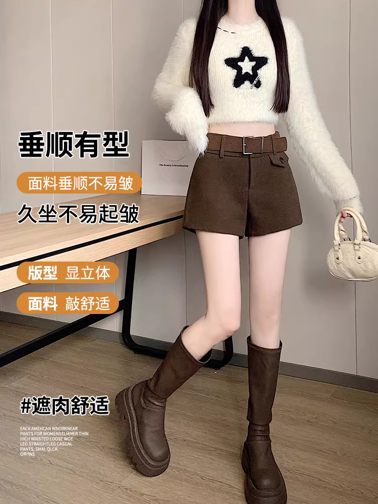 Quần short len màu xám dành cho nữ, áo khoác ngoài mùa thu đông, quần len cạp cao mới năm 2025, quần short đi kèm ủng.