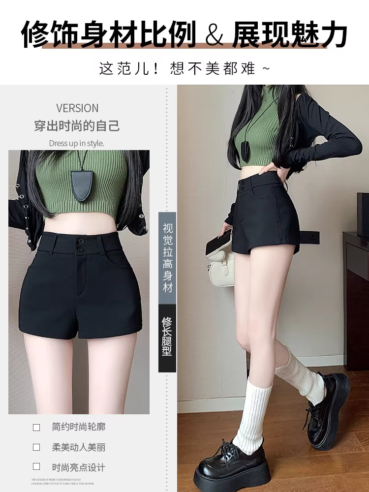 Quần short đen dành cho nữ, quần xuân thu, quần thiếu, quần siêu ngắn nhóm nữ, phong cách thuần khiết, quần bó sát gợi cảm.