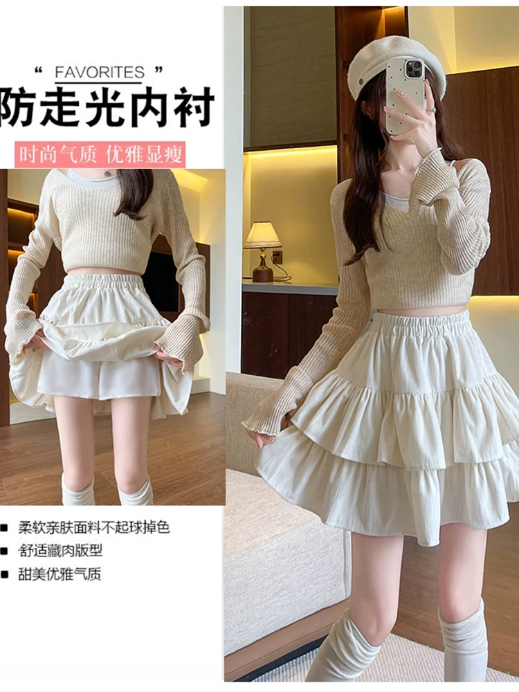 Váy nhung trắng dành cho nữ, váy nhung xếp tầng mùa thu đông, váy chữ A lưng cao, váy phồng, váy ngắn phối áo len.