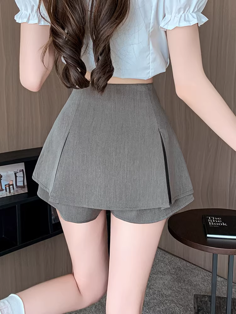 Váy màu xám cho nữ, váy quần xuân hè, váy giả hai mảnh, váy xếp ly lưng cao, váy mini chữ A.