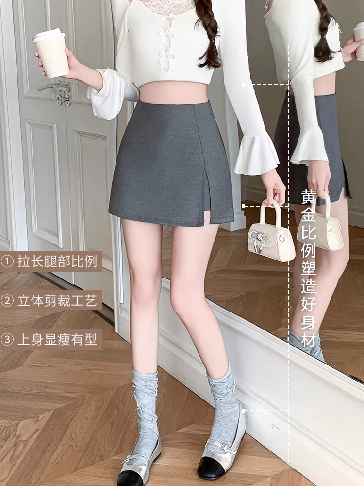 Váy màu xám dành cho nữ, váy quần hai trong một mùa xuân hè, váy quần giả hai mảnh, váy ôm hông chữ A, váy ngắn cực ngắn và gợi cảm.