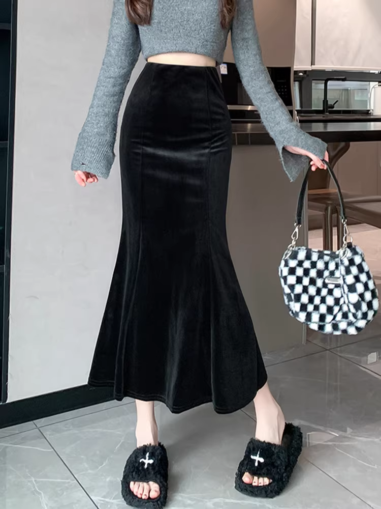 Váy midi nhung nữ, thu đông, cạp cao, lót lông cừu, dày dặn, kiểu bút chì, kiểu đuôi cá, váy dài.