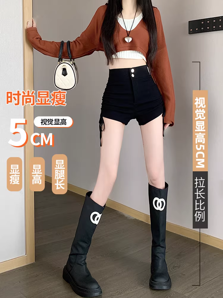 Quần short dây rút cho nữ, quần mặc xuân thu đông, quần thiếu một bên, quần legging ôm sát cạp cao mới năm 2025, quần short nữ, quần short kiểu boot.