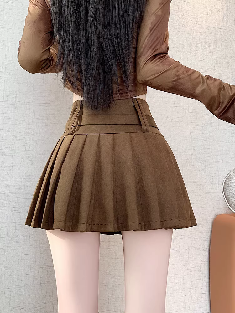 Váy da lộn nâu nữ, váy xếp ly da lộn thu đông, váy nửa thân rất đẹp, váy da, váy ngắn hot girl