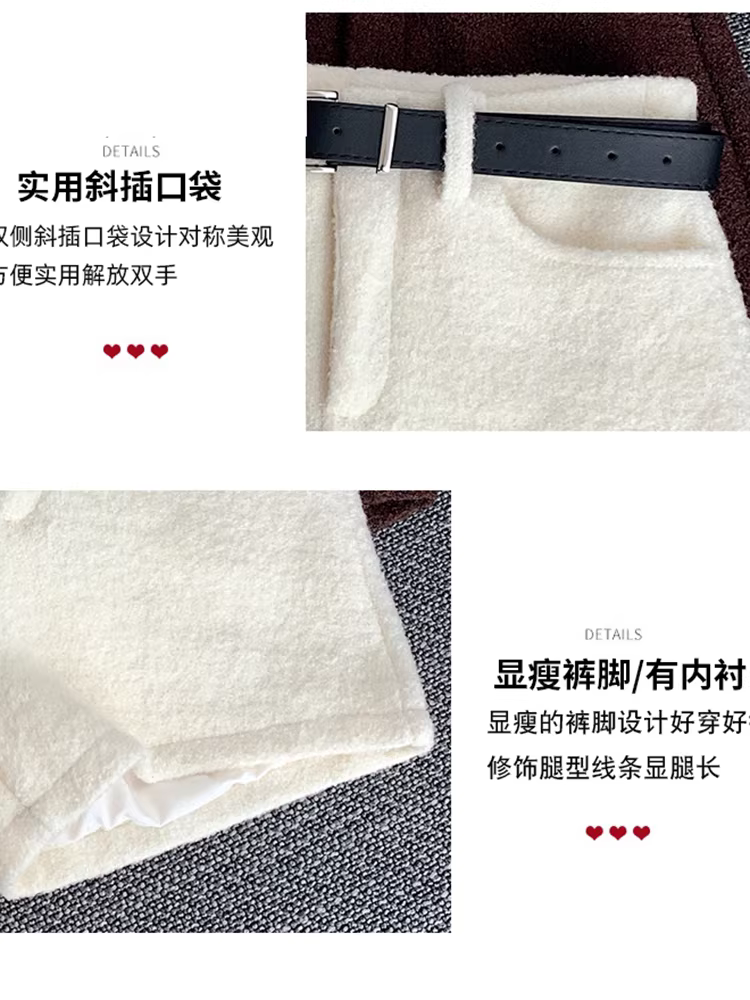 Quần short len màu trắng nhạt dành cho nữ, thích hợp cho mùa thu đông, quần bó sát kiểu Chanel có thể phối với giày bốt.