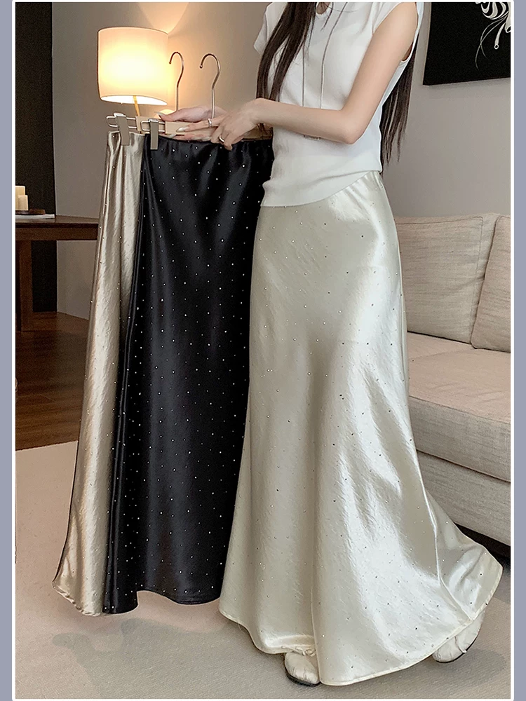 Váy satin, váy acetate mùa hè, váy ôm hông dài ngang đùi, váy đính đá cao eo, váy sequin, váy đuôi cá