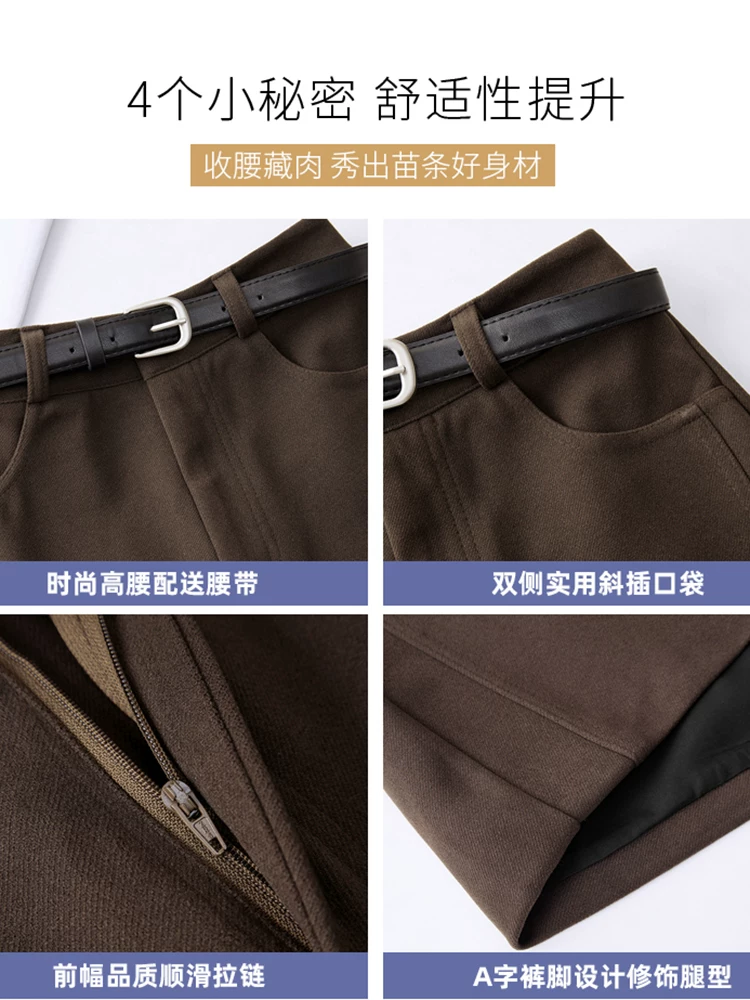 Quần short len màu xám dành cho nữ, áo khoác ngoài mùa thu đông, quần ống rộng dáng chữ A cạp cao mới năm 2025 có thể phối với giày bốt.