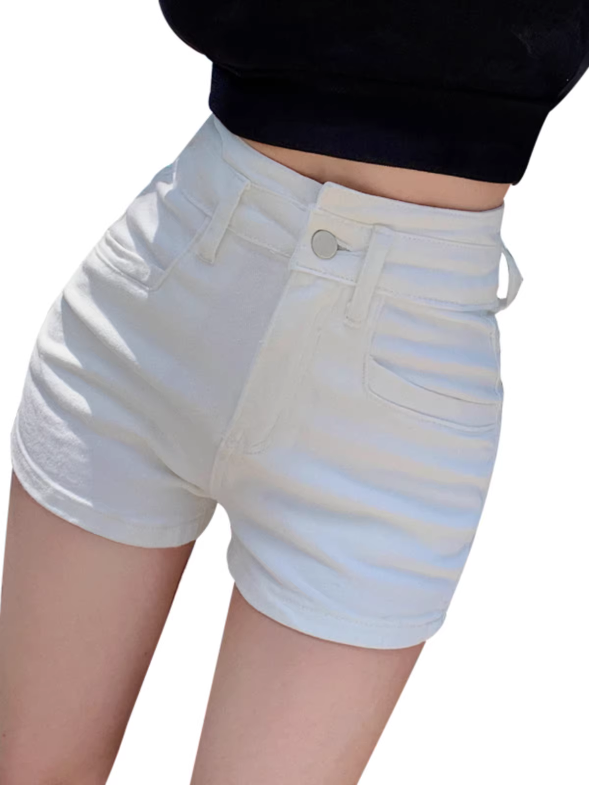 Quần short denim trắng cho nữ, quần mùa hè, hợp thời trang và sành điệu, cạp cao, bó sát, quần ngắn.