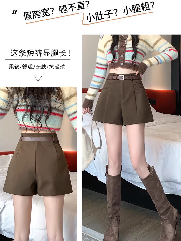 Quần short len màu nâu dành cho nữ, áo khoác ngoài mùa thu đông, quần nữ cạp cao mới năm 2025 để phối với ủng, quần nữ phối ủng.