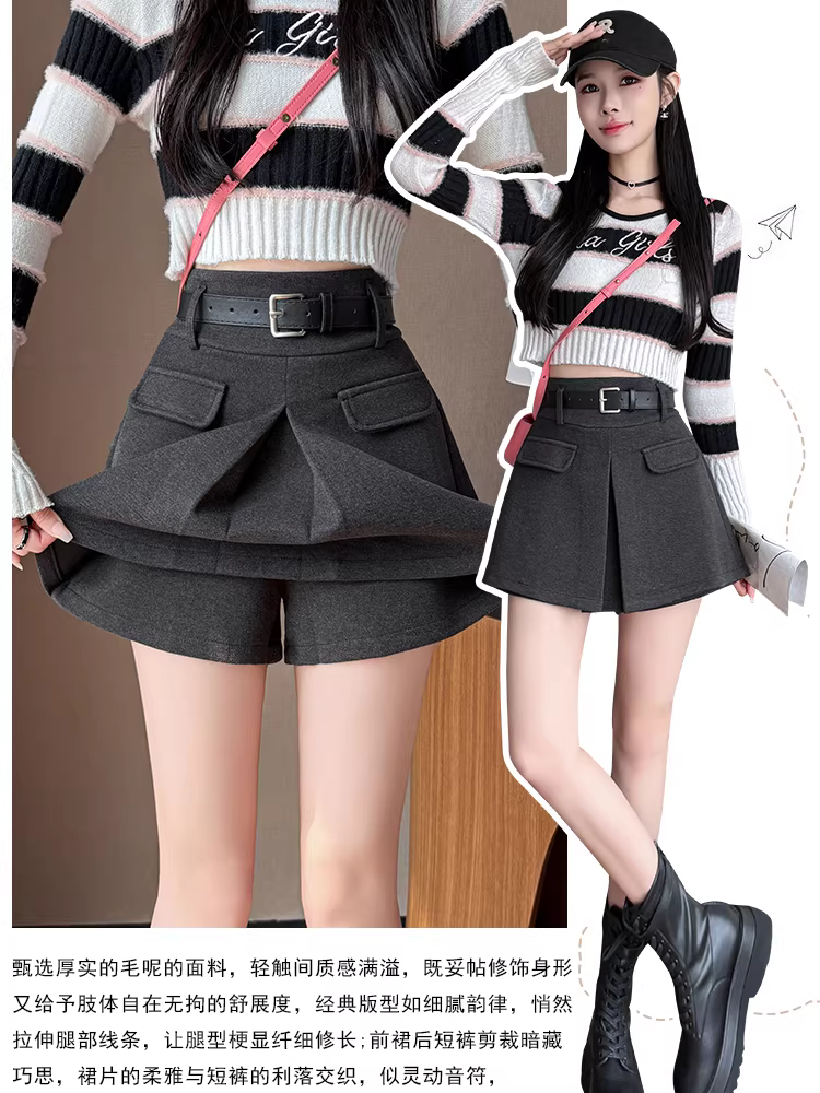 Quần short len màu xám dành cho nữ, thích hợp cho mùa thu đông, quần váy len, quần váy ngắn để phối với bốt, quần bốt Martin dành cho nữ.