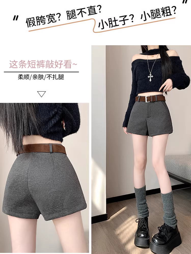 Quần short len màu xám cho nữ, áo khoác ngoài mùa thu đông, quần bốt len Martin cạp cao mới năm 2025 dành cho nữ.