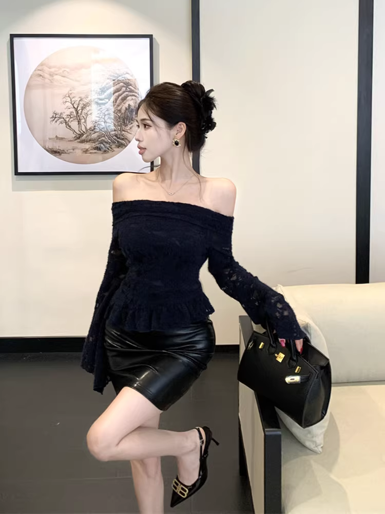 Áo ren đen dành cho nữ, mùa thu đông, tay chuông, tay dài, lớp lót, trễ vai, cực kỳ sành điệu, áo ôm eo.