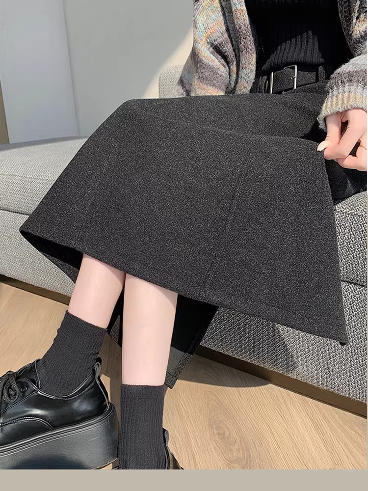 Váy len màu xám cho nữ, váy bút chì dài vừa phải mùa đông, váy rất xinh có xẻ lưng, váy dài.