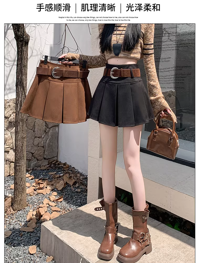 Váy xếp ly da lộn màu nâu dành cho nữ, mùa thu đông, váy mini da lưng cao rất xinh.