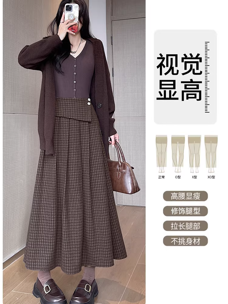 Váy len kẻ sọc cho nữ, váy dù dài vừa mùa đông, váy len xếp ly, váy kẻ sọc, váy dài lưng cao