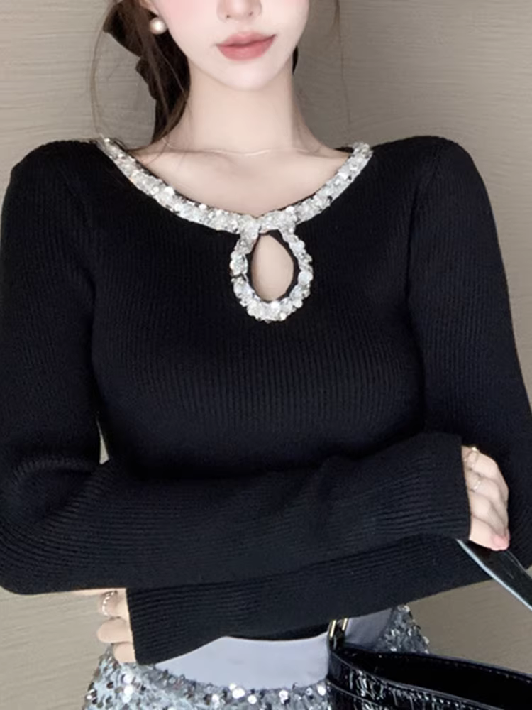 Áo len dài tay cho nữ, áo lót nữ mùa xuân, thu đông, kiểu dáng ngắn ôm sát mới năm 2025, áo độc đáo và đẹp mắt