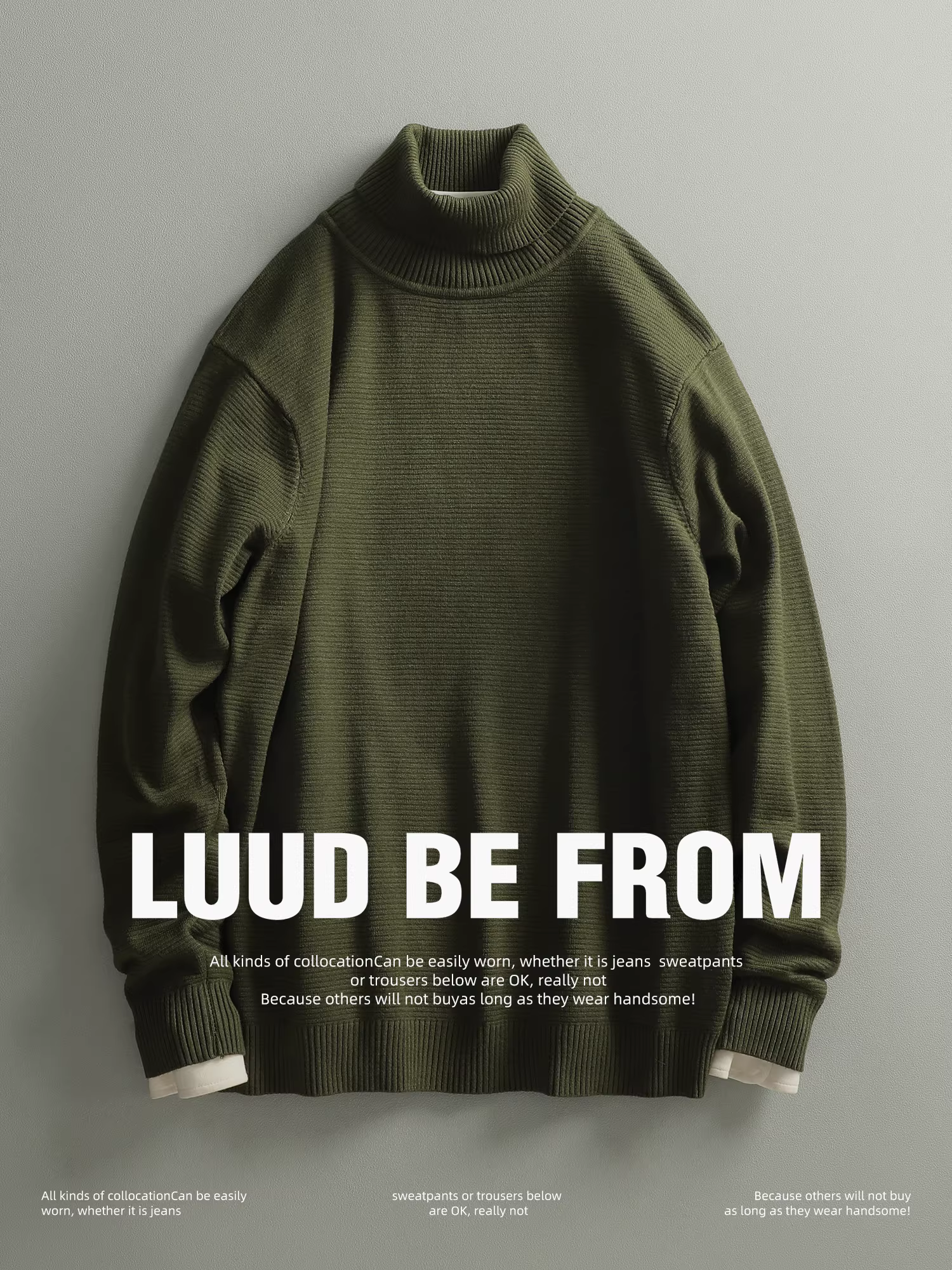 Áo len dệt kim màu trơn LUUD dành cho nam, cổ lọ có thể điều chỉnh, áo lót bên trong, áo len chui đầu hợp thời trang