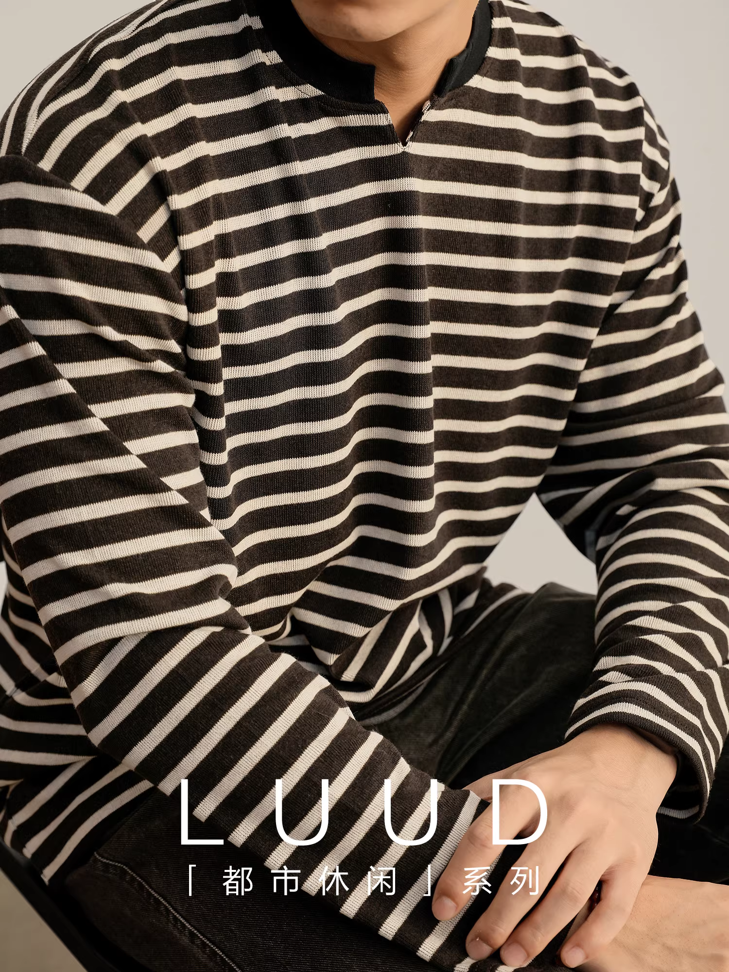Áo thun nam LUUD heavyweight 280g cổ V nhỏ, phối màu vintage, sọc, tay dài, dáng rộng, chất liệu dệt kim, kiểu dáng thoải mái.