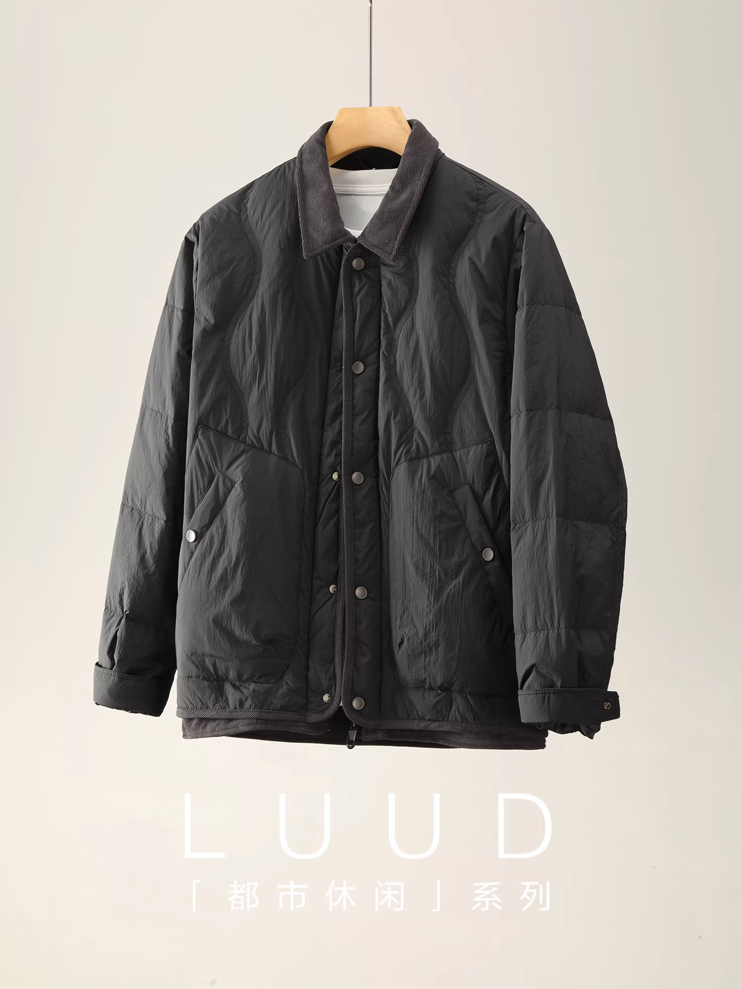 Áo khoác lông vũ nhẹ LUUD 90% lông vịt, phối vải gân hình thoi, cổ áo phối vải, dành cho nam, mùa đông, ấm áp, chống gió, màu trơn