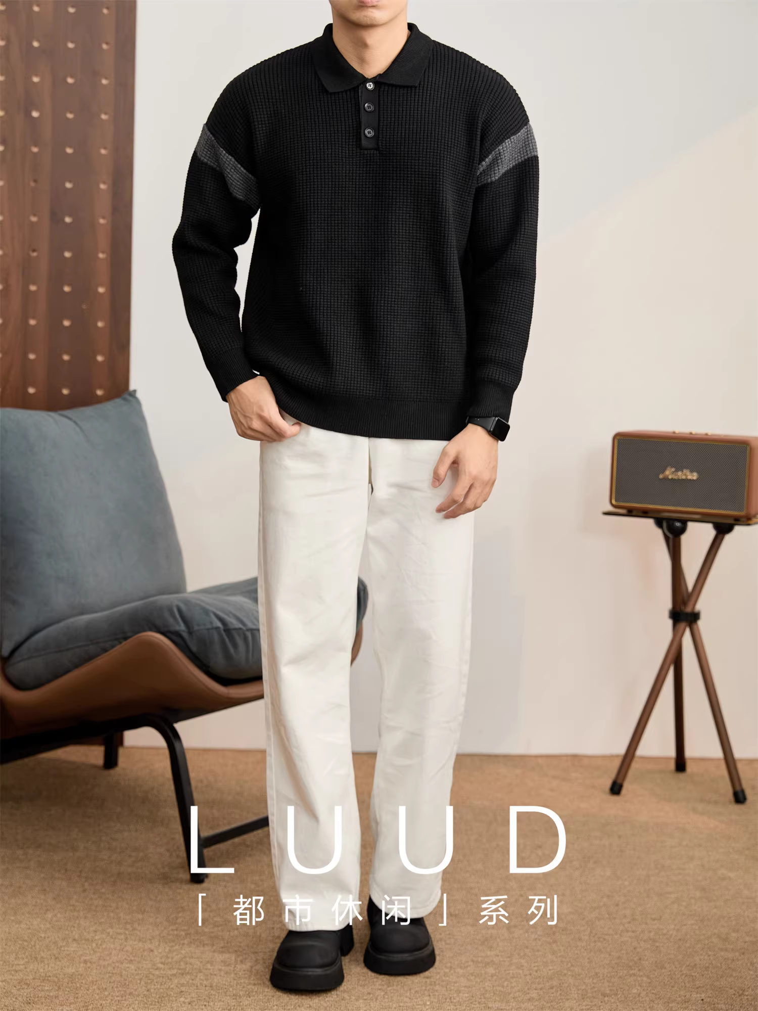 Áo polo nam chất liệu len dệt kim dày dặn 750g, tay dài, cổ phối màu tương phản, kiểu dáng mùa thu đông.