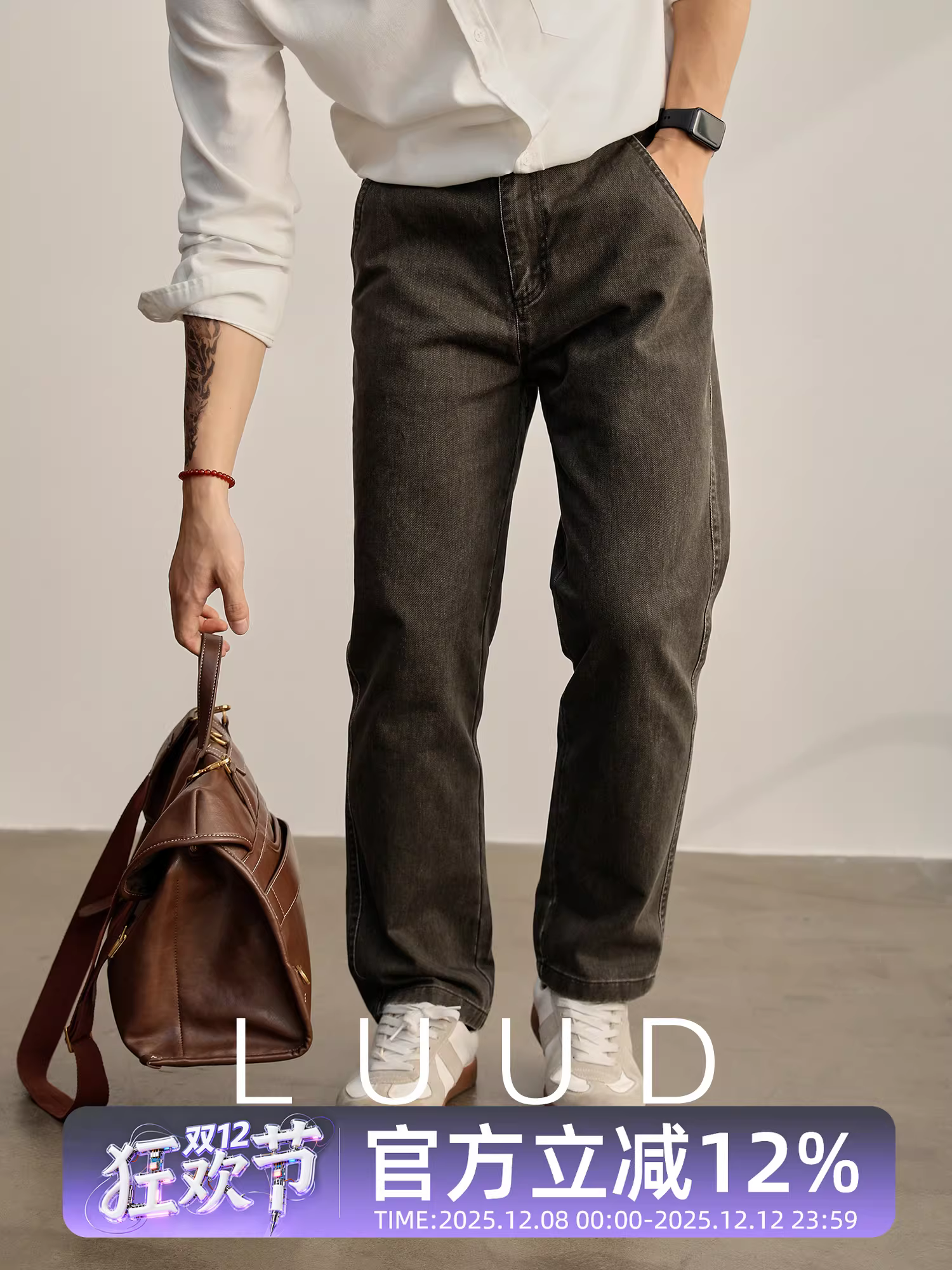 Quần jean nam LUUD 100% cotton nguyên chất, đã qua xử lý làm mềm và tạo kiểu, kiểu dáng thẳng, chất liệu vải tuýt, thời trang mùa thu.