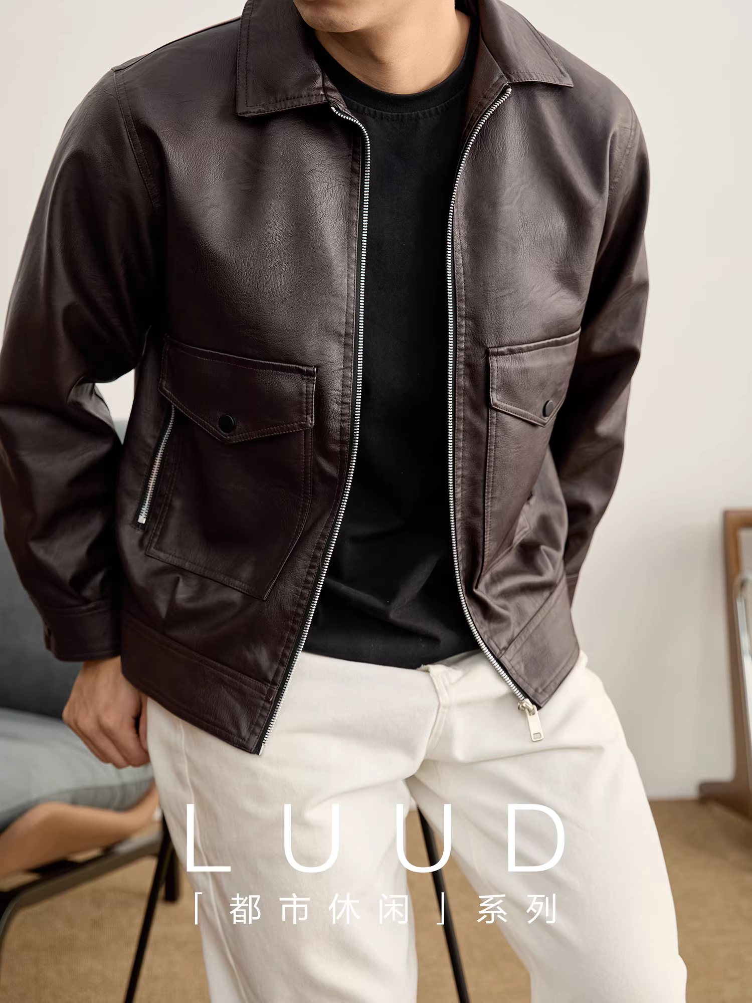 Áo khoác da phi công nam thiết kế đa năng LUUD, nhiều túi, chất liệu da PU giả da, màu tối, mùa đông