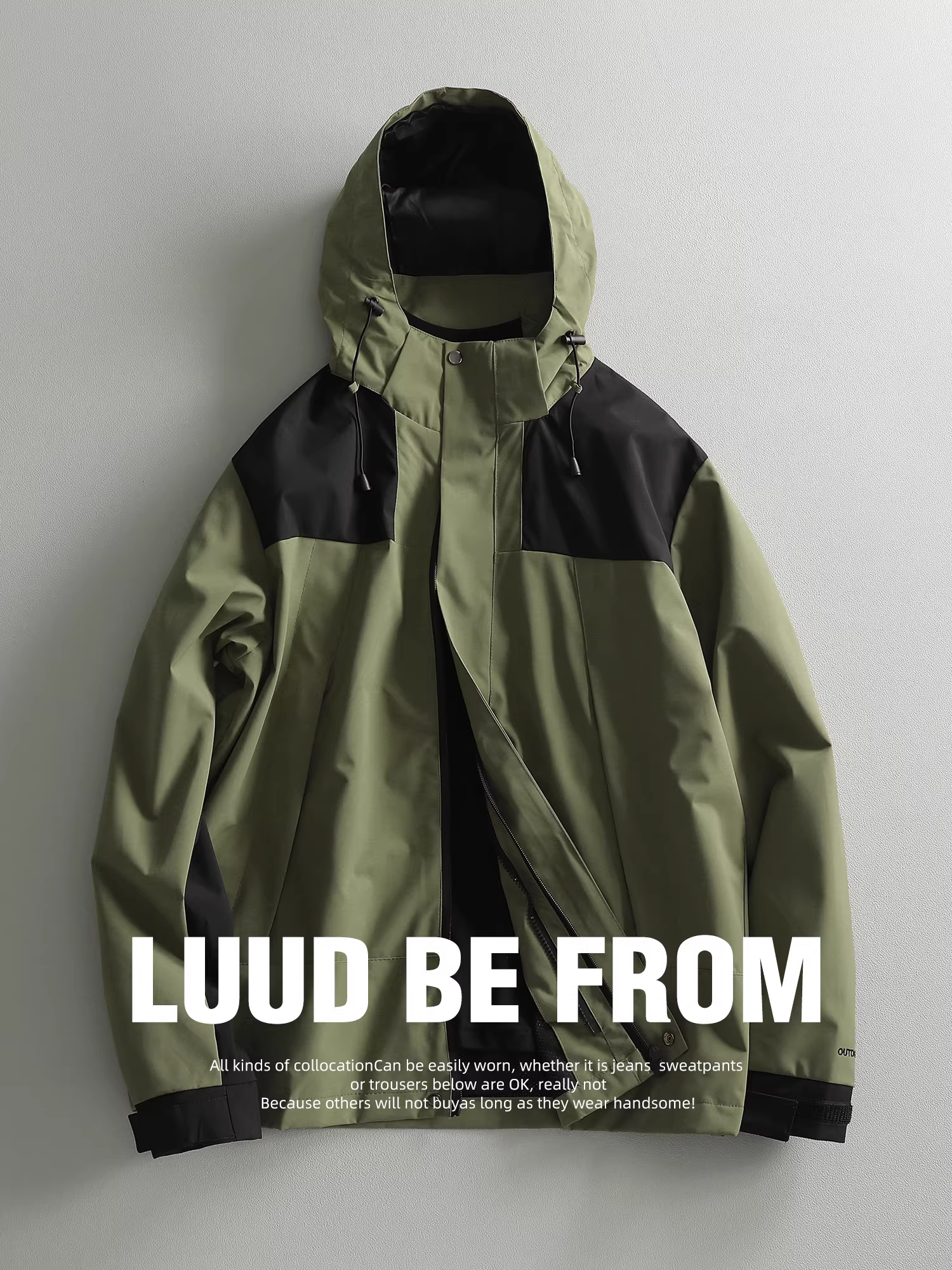 Áo khoác có mũ trùm đầu có thể tháo rời màu sắc LUUD dành cho nam, áo khoác chống gió thông thường ngoài trời, áo khoác bảo hộ lao động cổ điển hợp thời trang