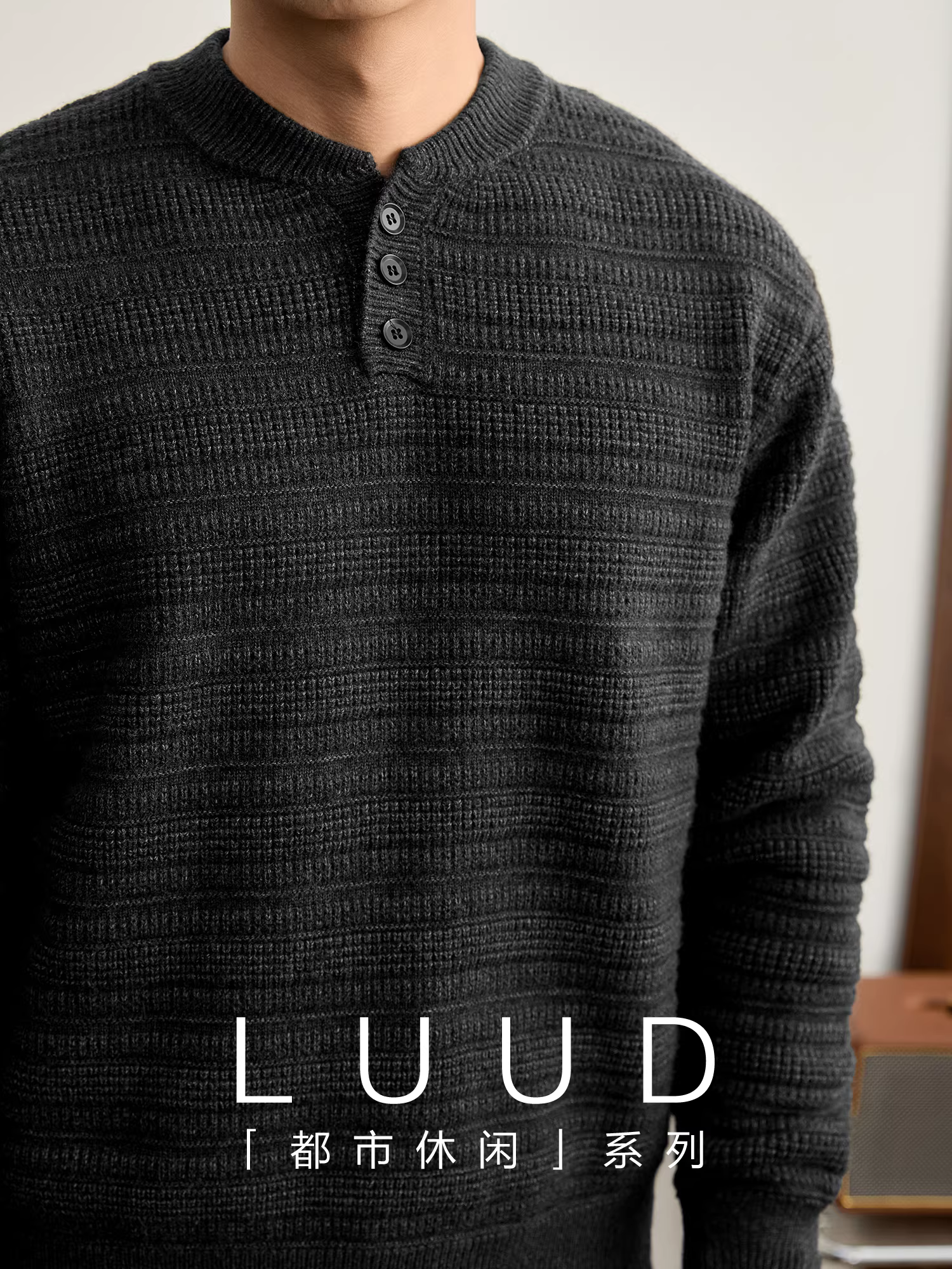 Áo len nam LUUD cao cấp 850g, chất liệu dệt jacquard, cổ henley, dày dặn, giữ ấm mùa đông, màu trơn