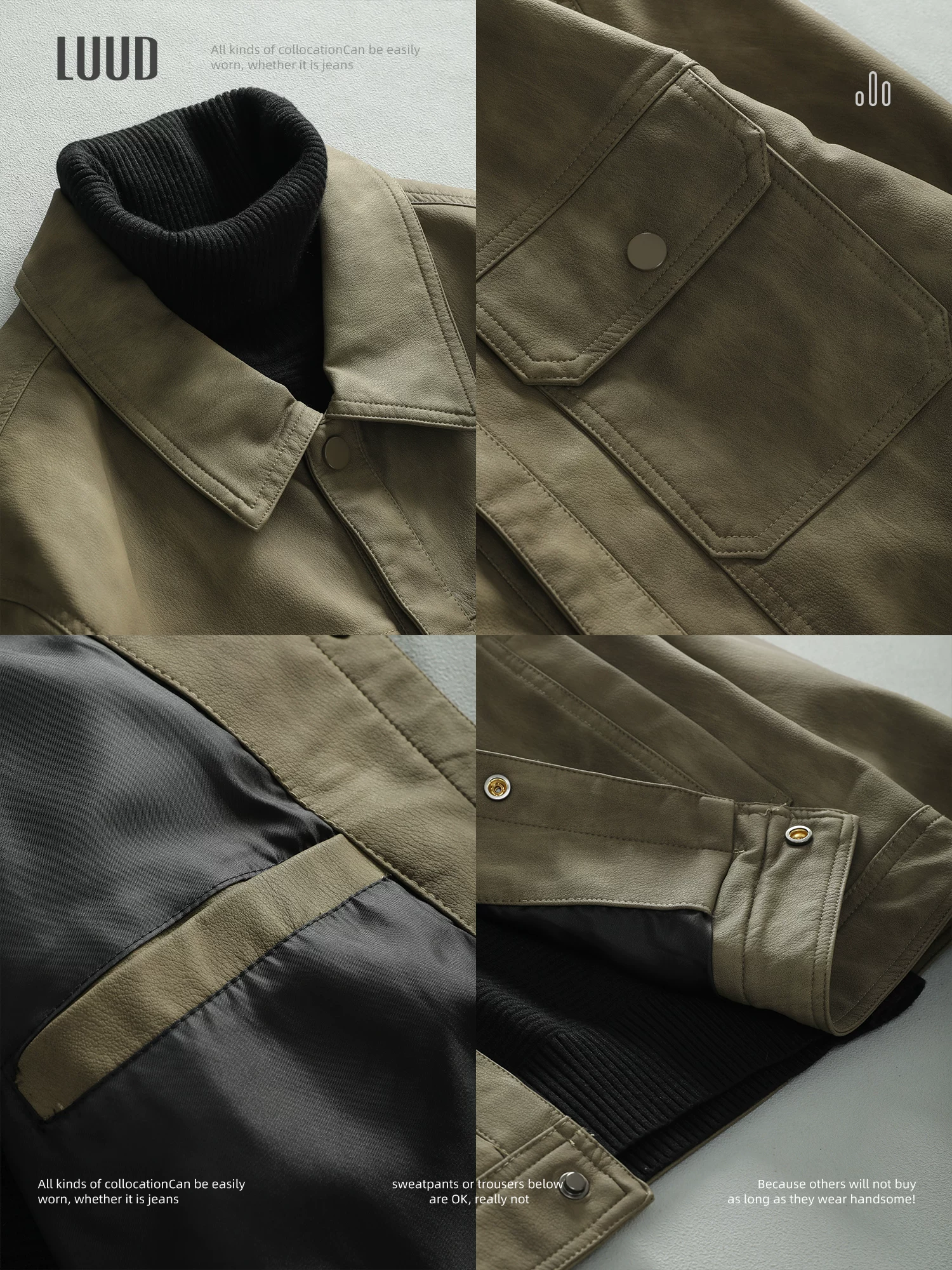 Áo khoác da công sở sang trọng nhẹ nhàng LUUD phong cách Hàn Quốc áo khoác dáng ôm kiểu dáng ngắn nhiều túi áo khoác da bomber