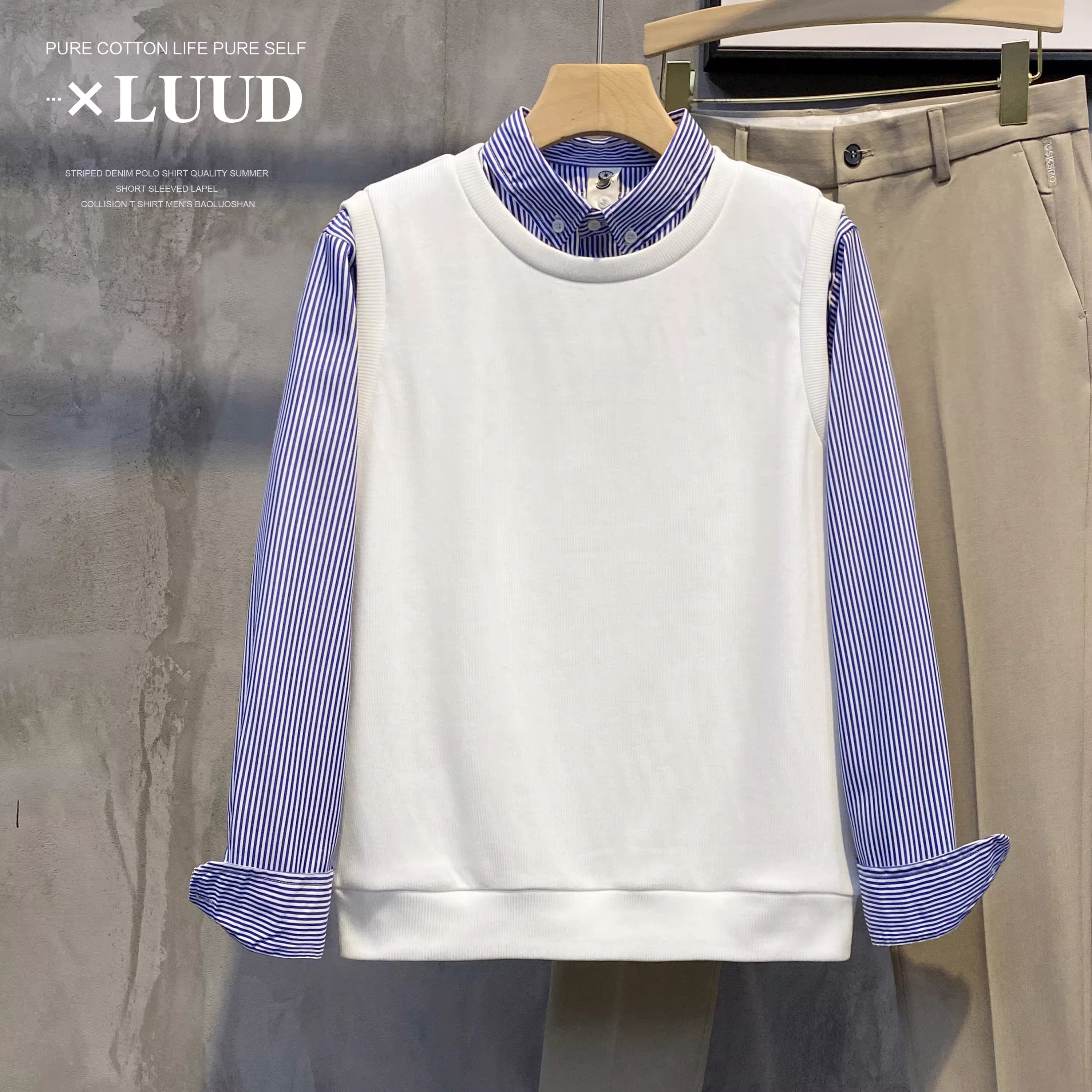 Áo sơ mi phối sọc mùa thu đông LUUD cổ áo giả hai mảnh dành cho nam, áo len dệt kim ấm áp có lót lông cừu kiểu dáng ôm vừa vặn sành điệu